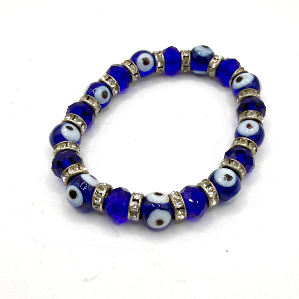 Cobalt Blue Glass Rhinestone Evil Eye Protection Stretch Bracelet